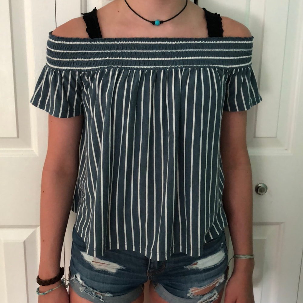 Off the shoulder blue and white stripped shirt